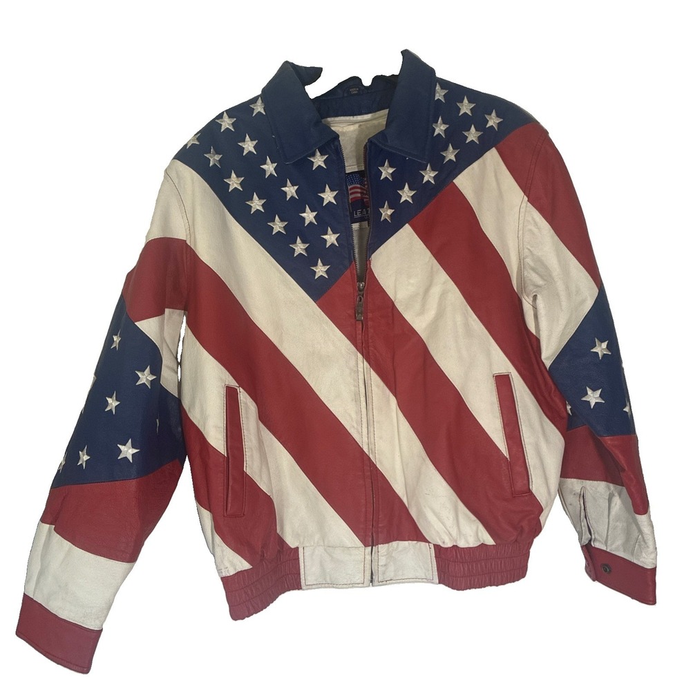 Vintage Genuine Leather USA Flag Jacket Womens XL Patriotic America Flag Coat